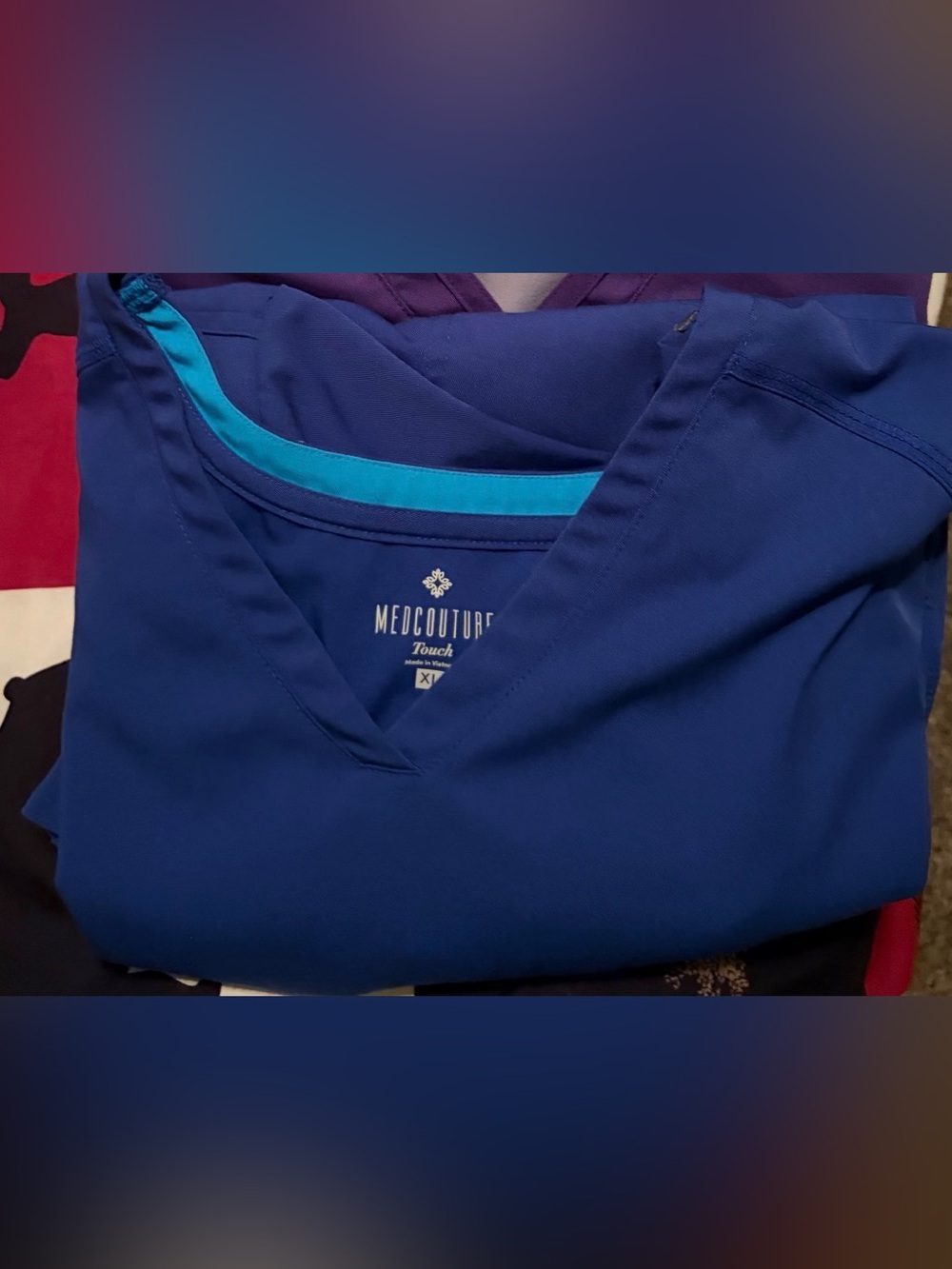 Med Couture Navy V-Neck Scrub Shirt with Teal Trim